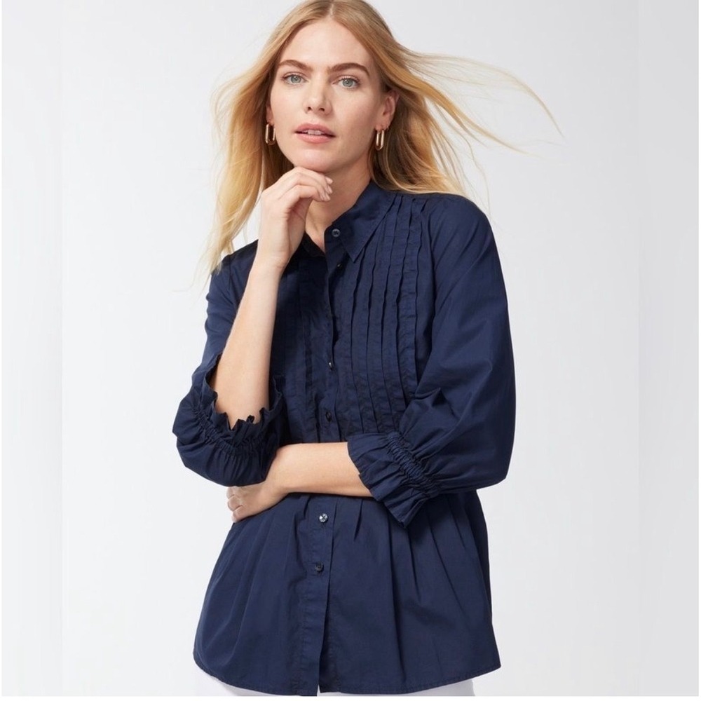 NWT Chico's | Pintuck Poplin Blouse 1.5/10/M Navy Blue Smocked Ruffle Sleeve Top